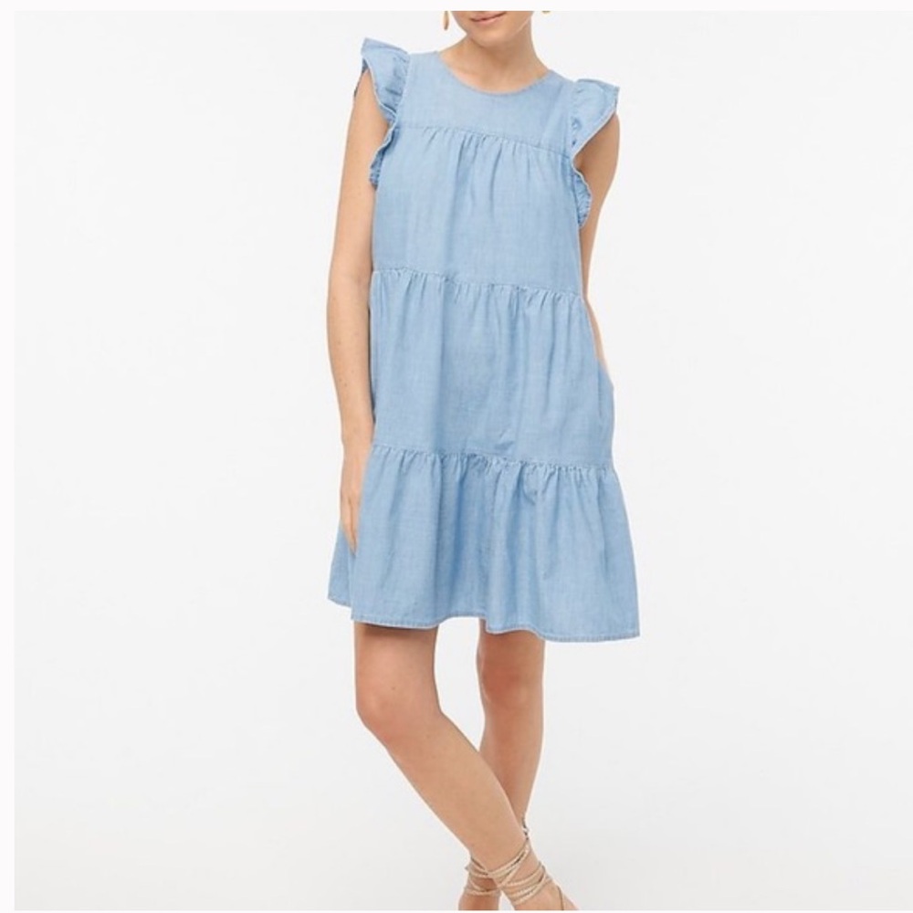 J.Crew Factory Chambray Ruffle-Sleeve Tiered Mini Dress